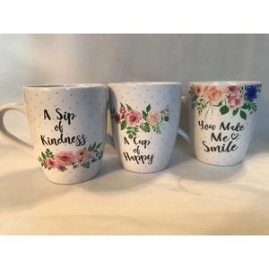 Vintage Coffee Mug Set of 3, Positive Sayings - Flowers-Smile-Kindness-Happy